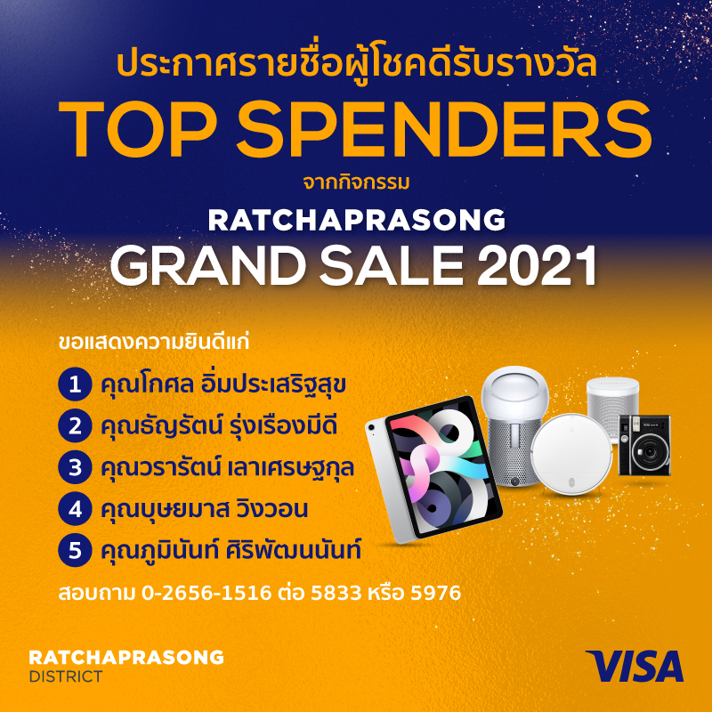 ประกาศรายชื่อ Top Spender แคมเปญ Ratchaprasong Grand Sale 2021